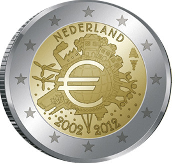2 Euro Commemorativi Olanda 2012 Anniversario 10 Anni Euro