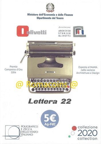 5 Euro Olivetti Bianca 2020 Lettera 22 Italia Argento Fdc