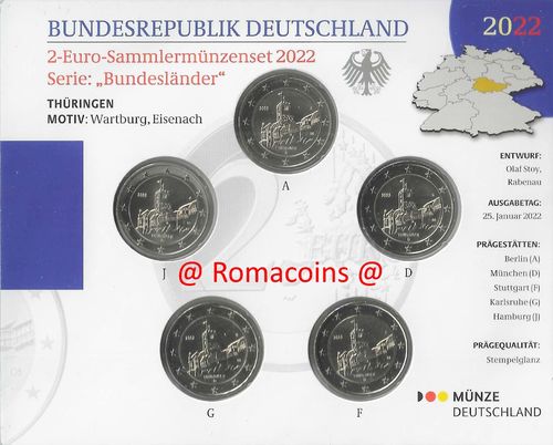 2 Euro Commemorative Coins Germany 2022 5 Mints Bu