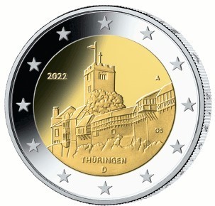 2 Euro Commemorative Coin Germany 2022 Thüringen Mint G