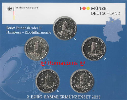 2 Euro Commemorative Coins Germany 2023 5 Mints Bu