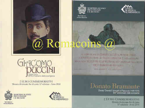 2 Euro Commemorativi San Marino 2014 Puccini + Bramante Fdc