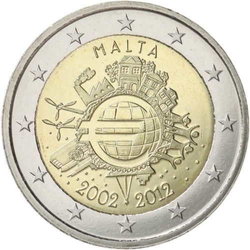 2 Euros Conmemorativos Malta 2012 10 Años Euro