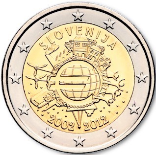 2 Euro Commemorativi Slovenia 2012 Anniversario 10 Anni Euro