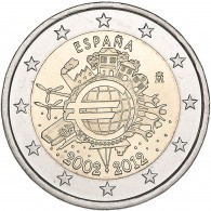 2 Euros Conmemorativos España 2012 10 Años Euro