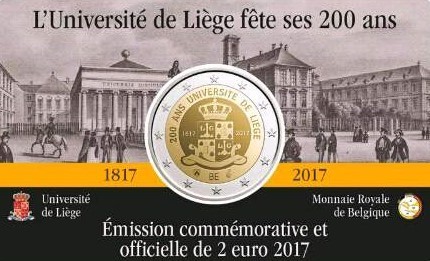 Coincard Belgica 2017 2 Euros 200 Años Universidad Lieja Idioma Francés