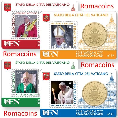4 Coincard Vaticano 2018 con monedas de 50 Centimos y Sellos