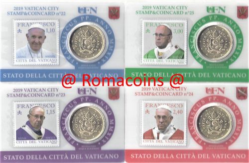 4 Coincard Vaticano 2019 con monedas de 50 Centimos y Sellos